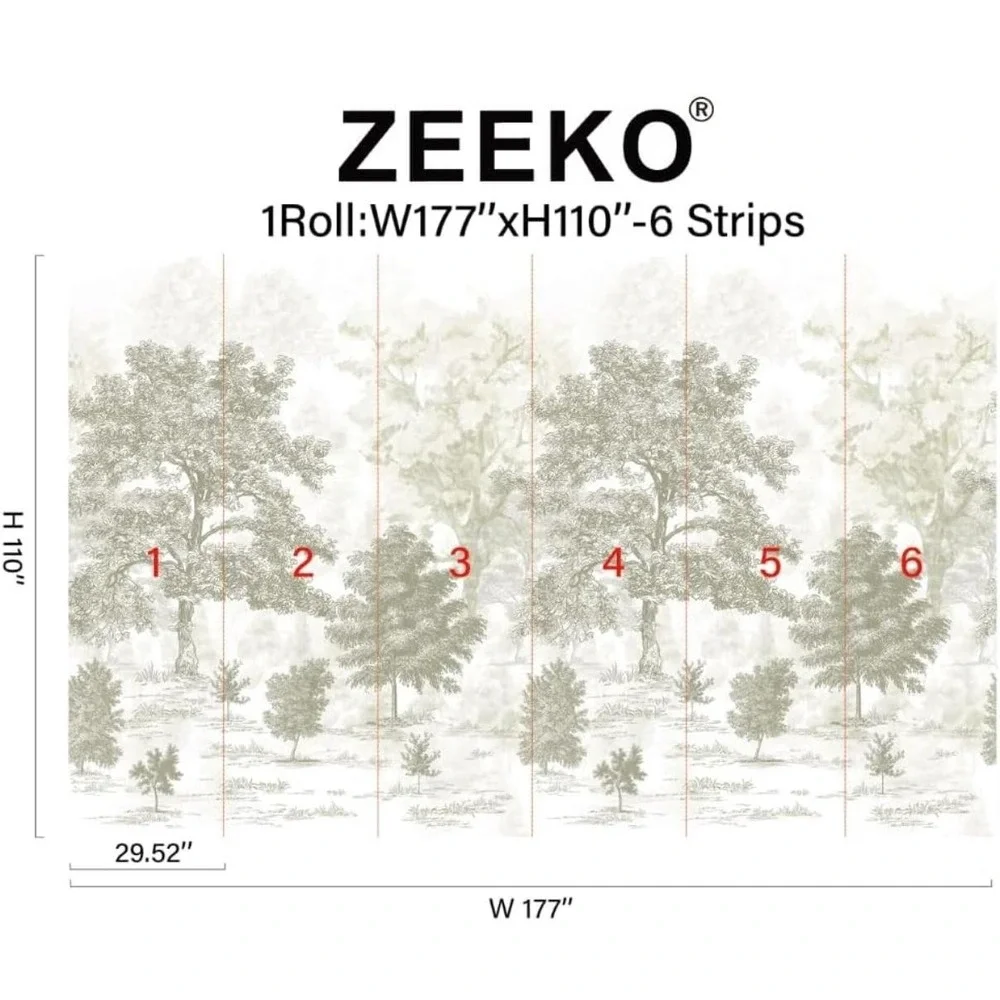 ZEEKO Vintage Forest Wall Mural Peel & Stick 177x110 Beige Wallpaper 6 Strip